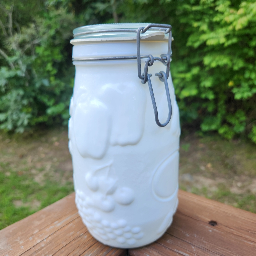 Vintage Wheaton Milk Glass 1.5L Canister W/ Embossed Fruit Design